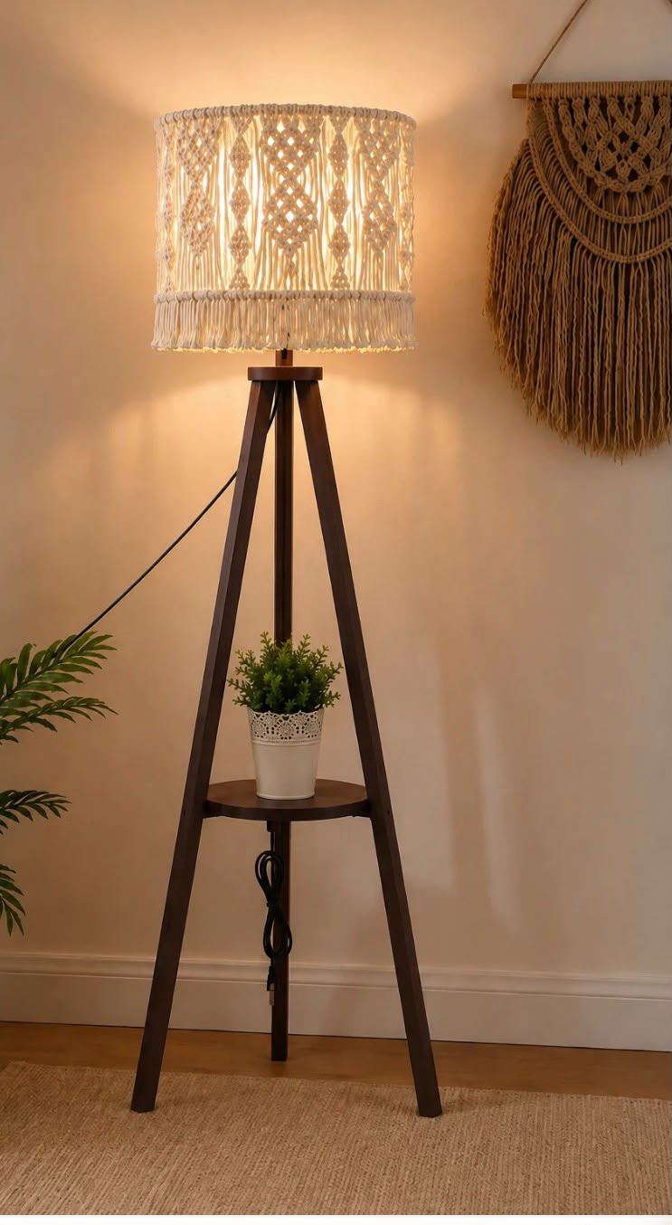 A floor lamp made of pine wood with a macrame shade.