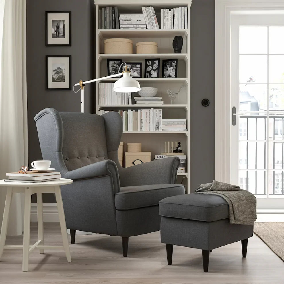 Beech wood Linen or velvet fabric Medium soft foam, density 36 Chair dimensions: Outer width: 80 Highest point height: 120 Puffer size 75×45"