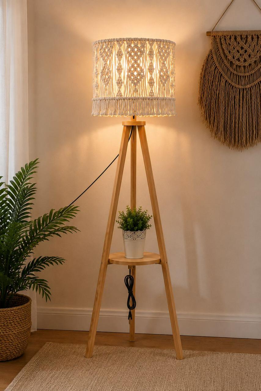 A floor lamp made of pine wood with a macrame shade.