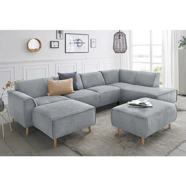 Beech wood Linen or velvet fabric Soft or hard foam, 36 cm deep Sofa dimensions: 200 x 300 cm Side width: 80 cm Frame depth: 60 cm Height: 85 cm Pouf dimensions: 60 x 50 cm