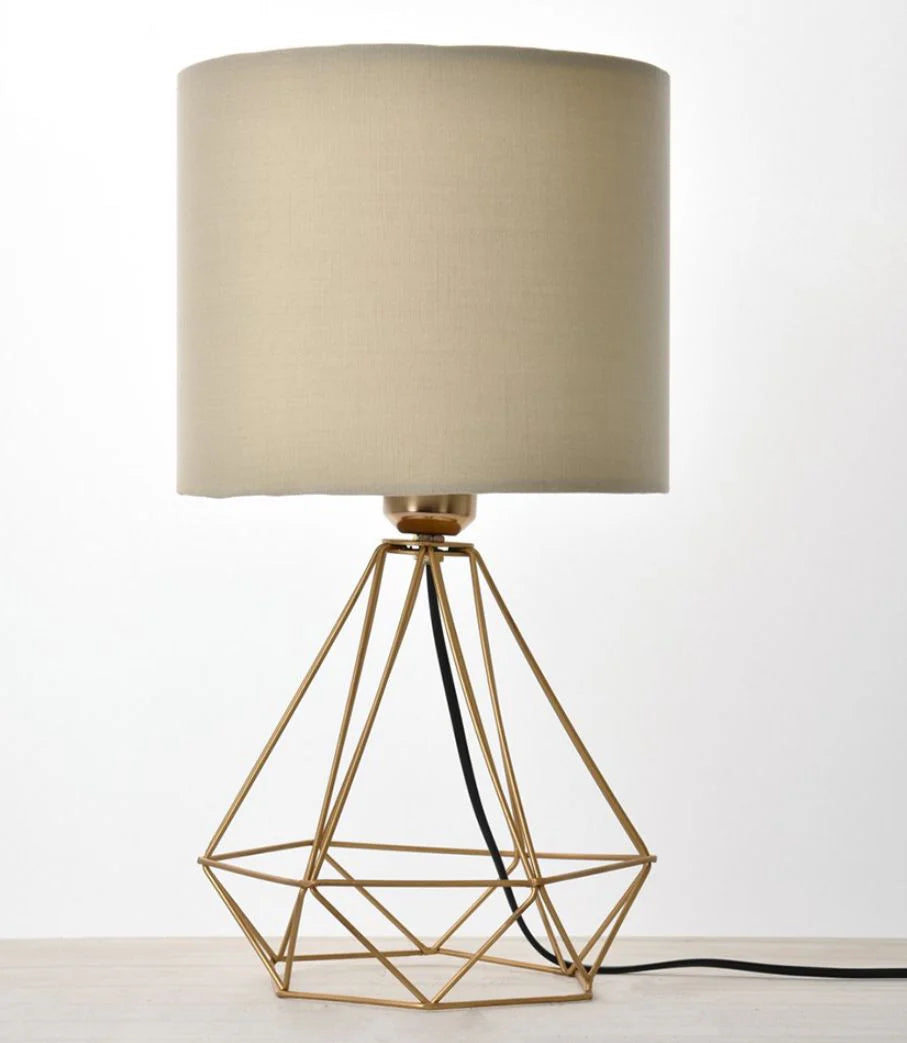 Gold metal lamp with beige linen - 17×37×17 cm