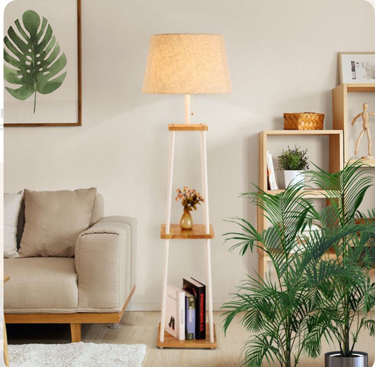 Beech wood floor lamp + beige fabric shade with white plastic lining - 40x165 cm