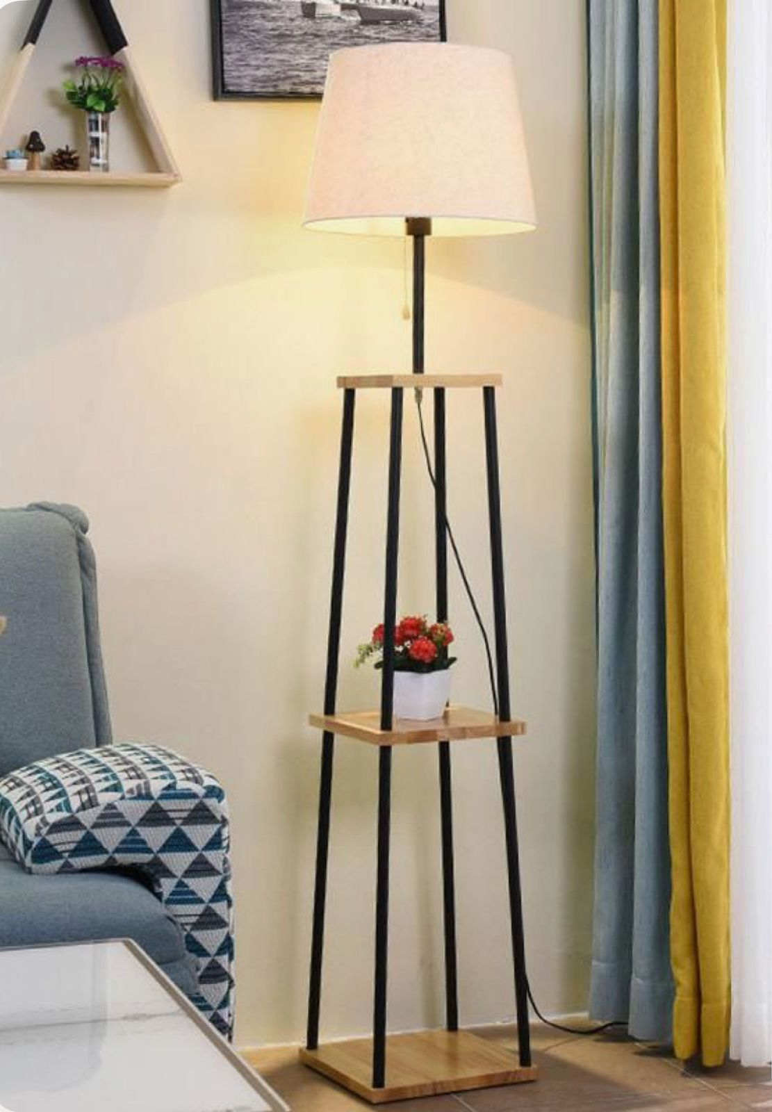 Beech wood floor lamp + beige fabric shade with white plastic lining - 40x165 cm