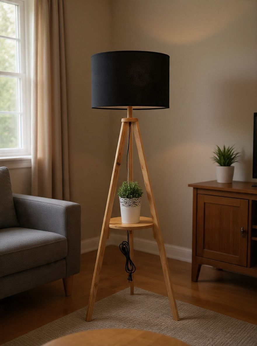 Musky Wood and Plastic Backed Fabric Floor Lamp White & black - 150x40x40 cm +
