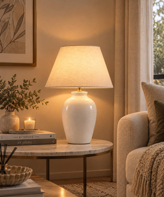 White pottery table lamp with an off-white shade.30CM*25CM
