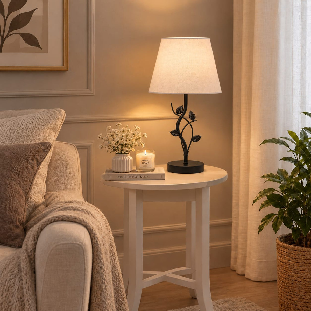 Black desk lamp with an off-white shade, measuring 45 cm x 30 cm.
