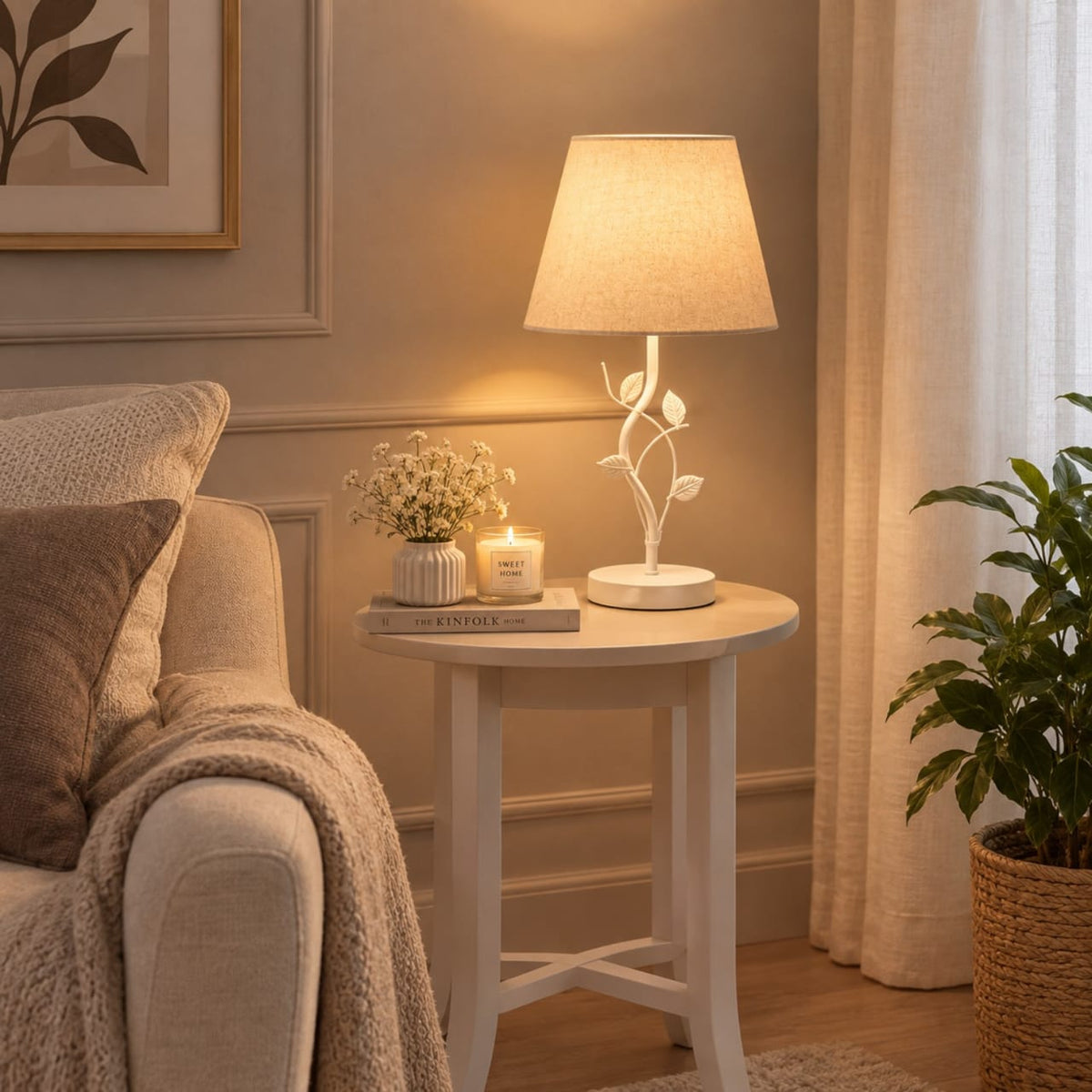 White desk lamp with an off-white shade, measuring 45 cm x 30 cm.
