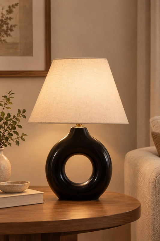 Donuts pottery lamp, black, off-white shade