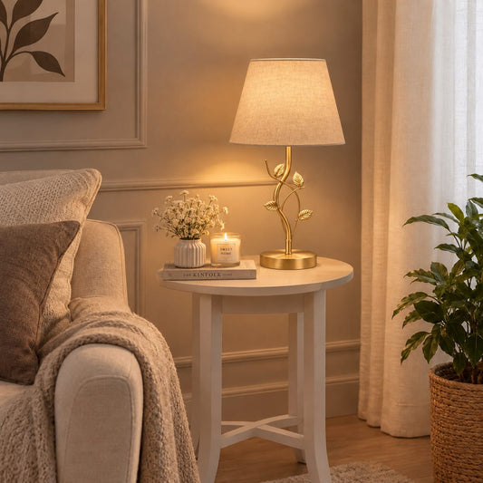GoLd desk lamp with an Biege shade, measuring 45 cm x 30 cm.