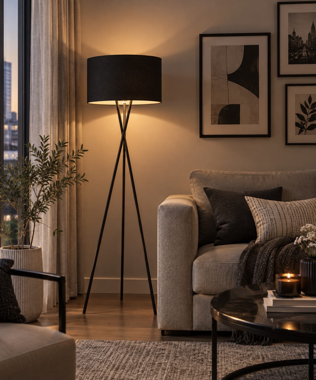 Iron floor lamp with black linen - 40×40×150 cm