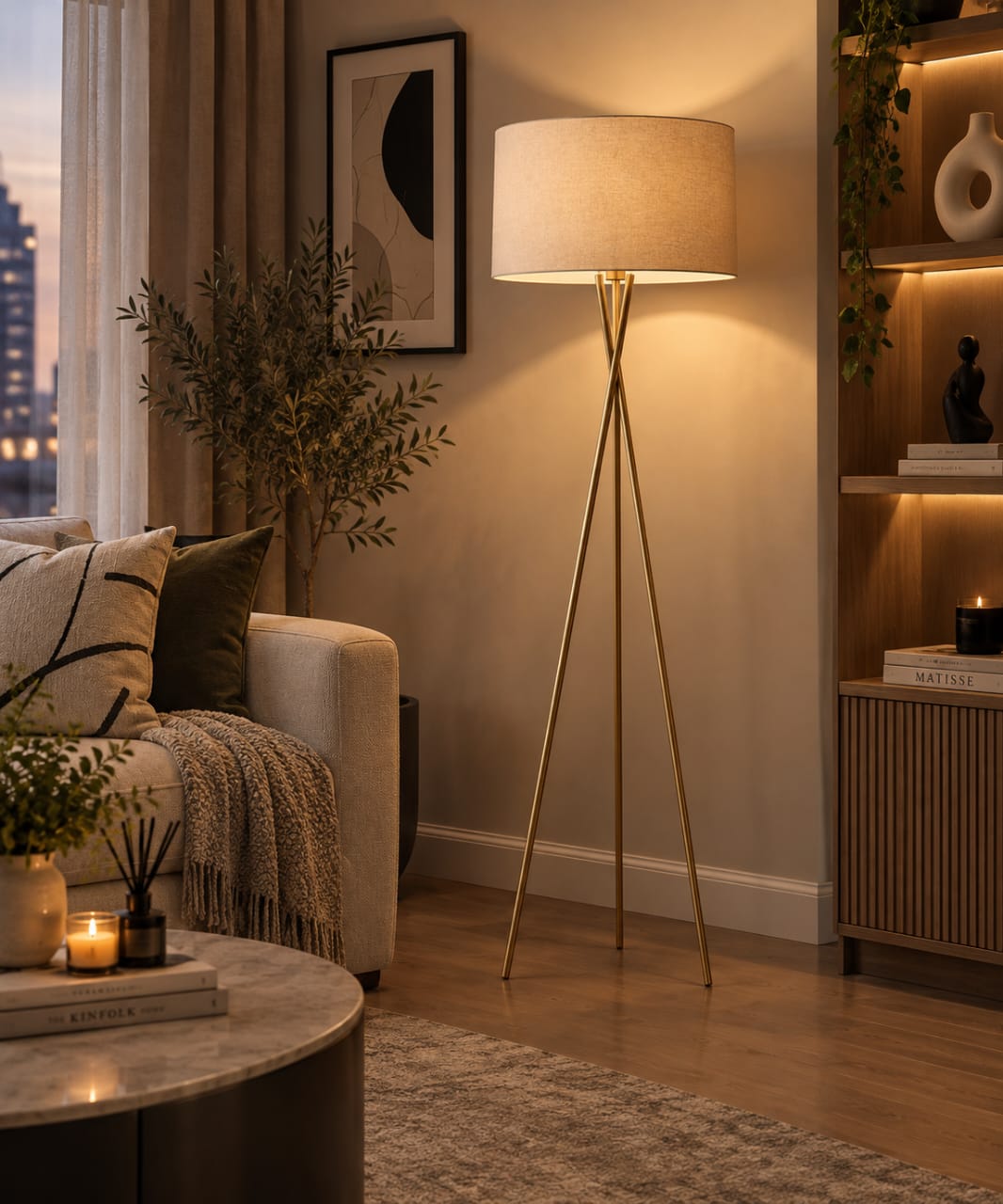 Fabric and iron floor lamp, gold color with off-white shade - 40×40×150 cm