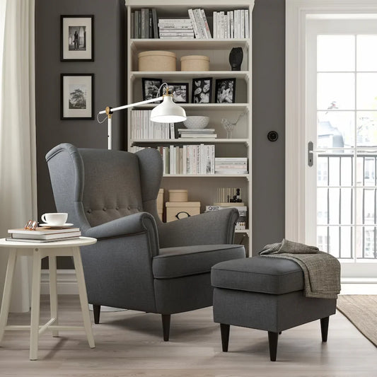 Beech wood Linen or velvet fabric Medium soft foam, density 36 Chair dimensions: Outer width: 80 Highest point height: 120  Puffer size 75×45"