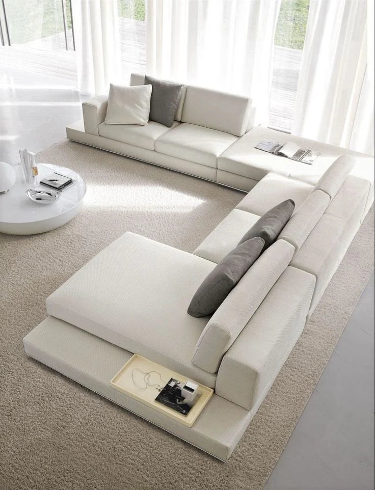 Beech wood Linen or velvet fabric Medium soft foam, density 36 Number of main pieces: 3 Corner sofa dimensions: 210 x 410 x 125 cm Side width (external width): 85 cm Height: 75 cm
