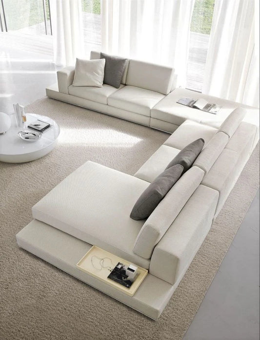 Beech wood Linen or velvet fabric Medium soft foam, density 36 Number of main pieces: 3 Corner sofa dimensions: 210 x 410 x 125 cm Side width (external width): 85 cm Height: 75 cm