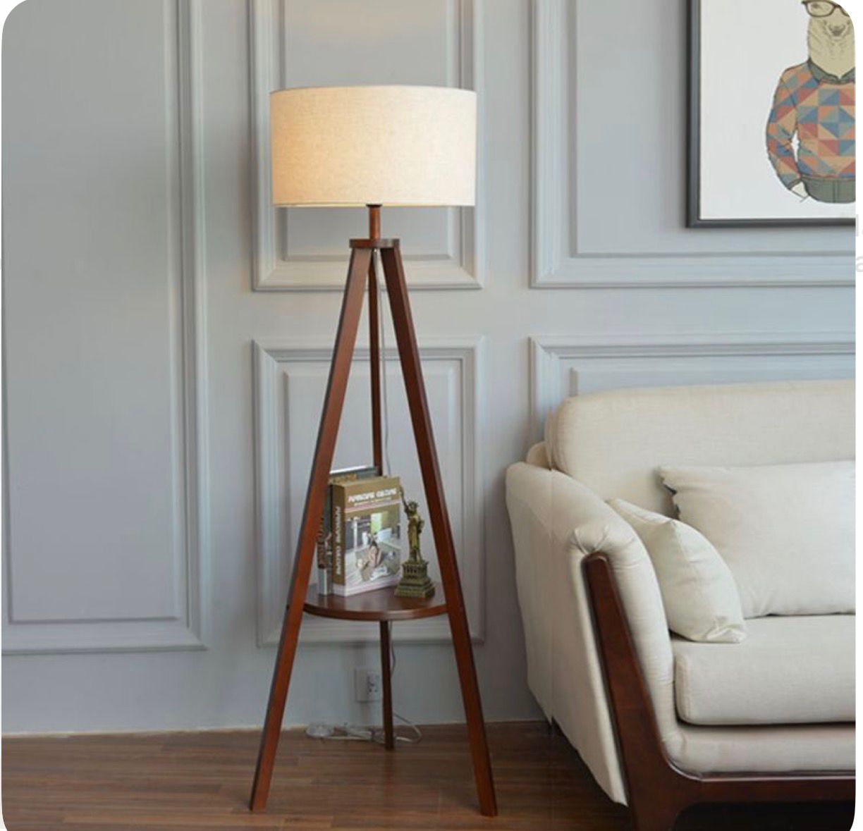 White and beige floor lamp, made of brown pine wood and plastic-covered fabric - 150×40×40 cm +