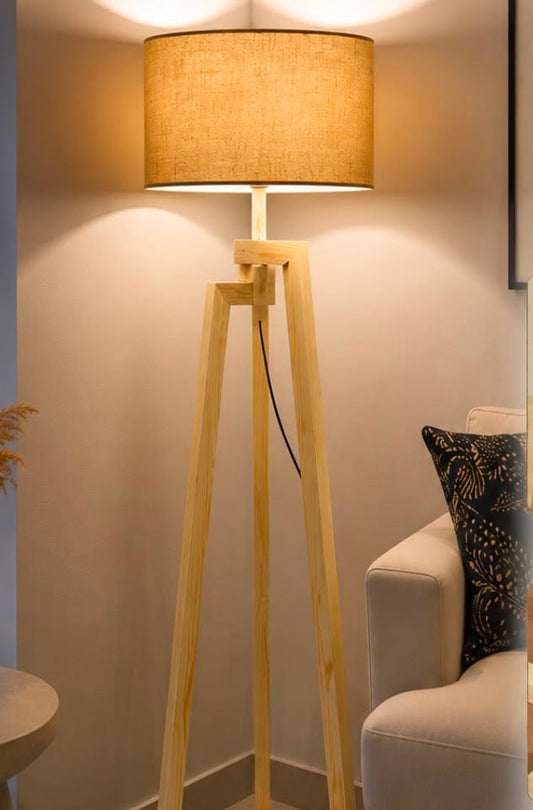 Moski wood floor lamp with beige fabric