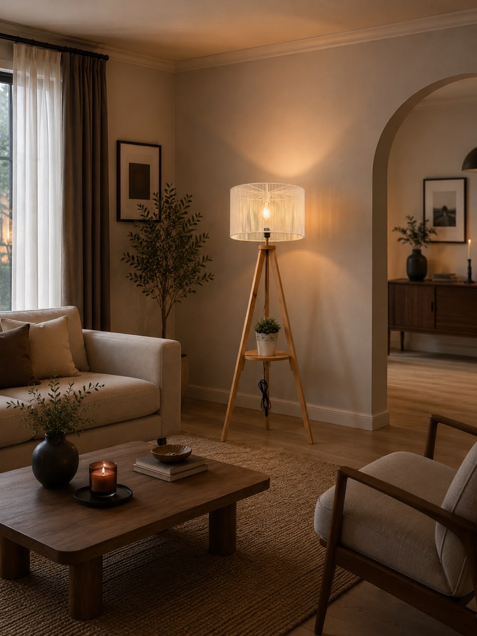 A floor lamp made of pine wood with a macrame shade.