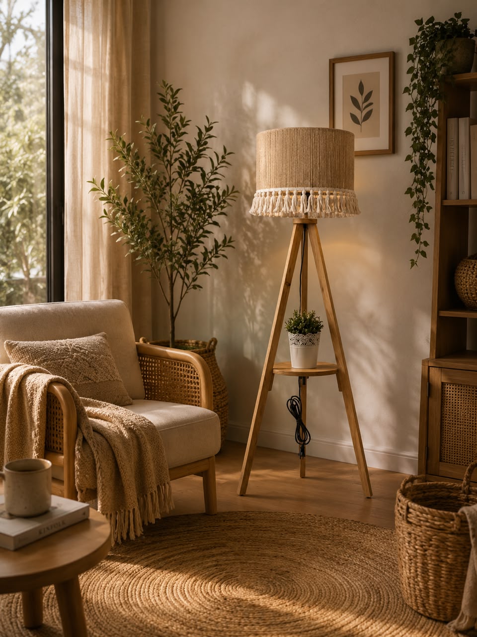 A floor lamp made of pine wood with a macrame shade.