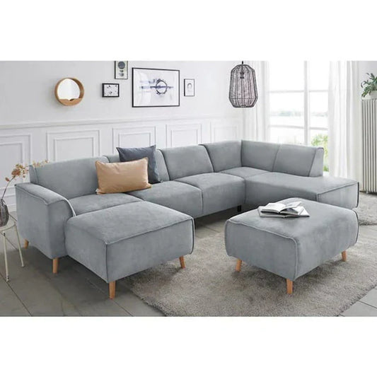 Beech wood Linen or velvet fabric Soft or hard foam, 36 cm deep Sofa dimensions: 200 x 300 cm Side width: 80 cm Frame depth: 60 cm Height: 85 cm Pouf dimensions: 60 x 50 cm