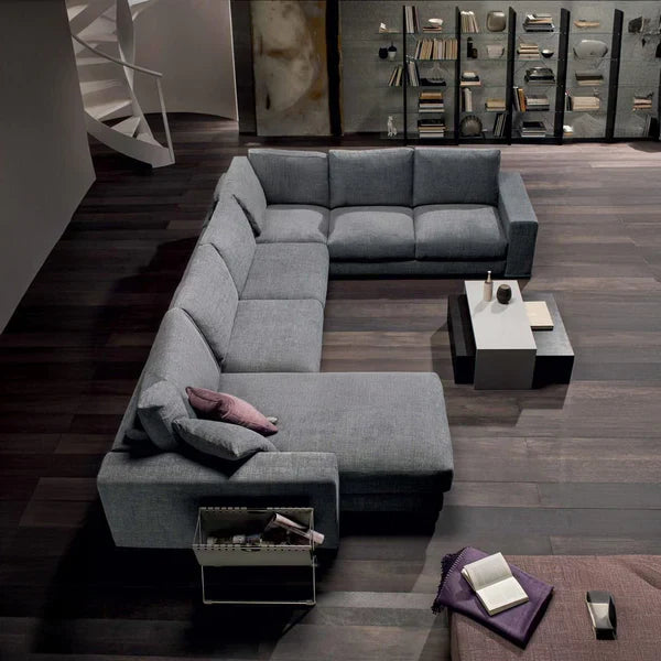 Beech wood Linen or velvet fabric Medium soft foam, density 36 Number of main pieces: 3 Corner sofa dimensions: 250 x 350 x 200 cm Side width (external width): 90 cm Height: 70 cm