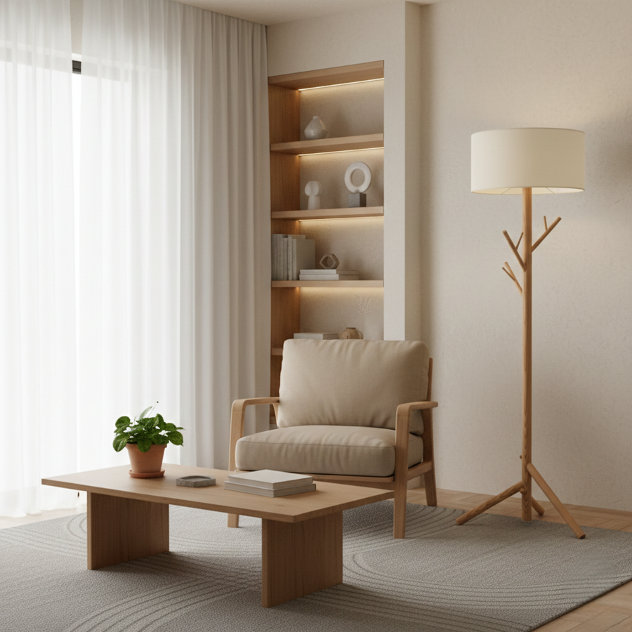 Beech wood and beige linen floor lamp - 40×40×150 cm