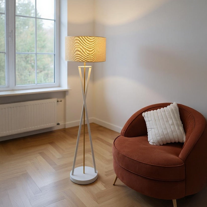 White iron floor lamp with gold color and beige shade - 40x150 cm